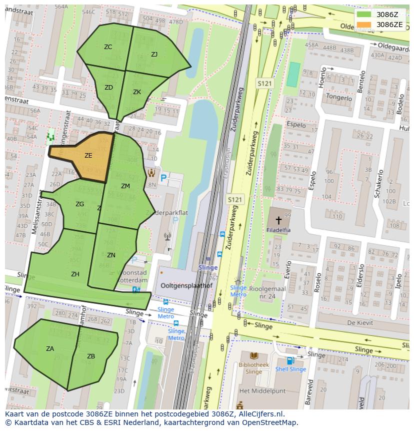 Afbeelding van het postcodegebied 3086 ZE op de kaart.