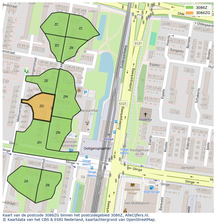 Afbeelding van het postcodegebied 3086 ZG op de kaart.