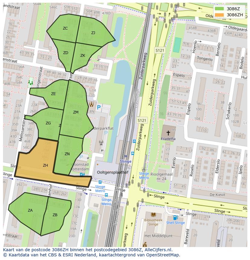 Afbeelding van het postcodegebied 3086 ZH op de kaart.