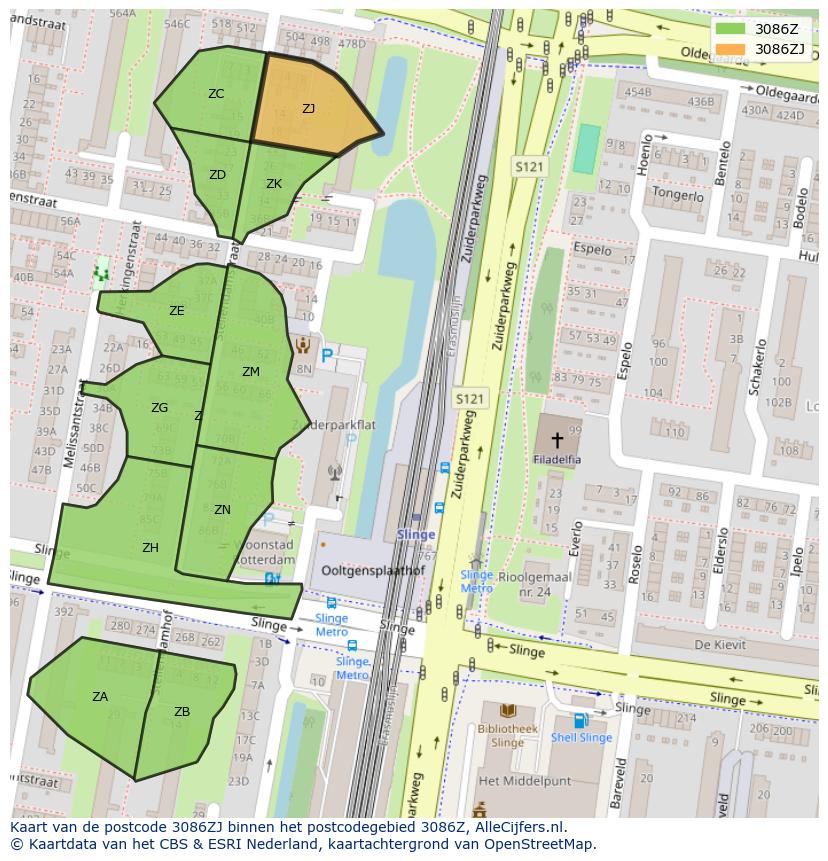 Afbeelding van het postcodegebied 3086 ZJ op de kaart.