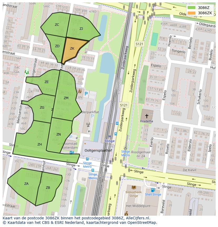 Afbeelding van het postcodegebied 3086 ZK op de kaart.
