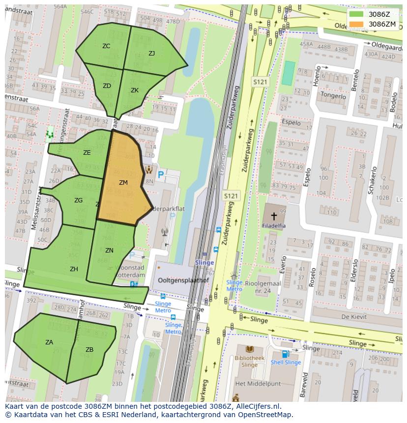 Afbeelding van het postcodegebied 3086 ZM op de kaart.
