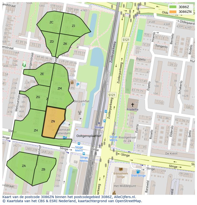 Afbeelding van het postcodegebied 3086 ZN op de kaart.