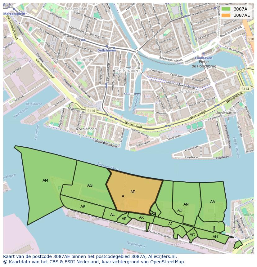 Afbeelding van het postcodegebied 3087 AE op de kaart.