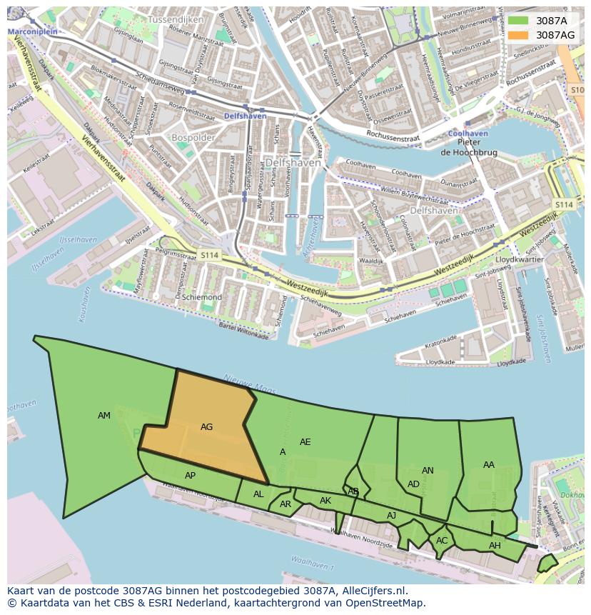 Afbeelding van het postcodegebied 3087 AG op de kaart.