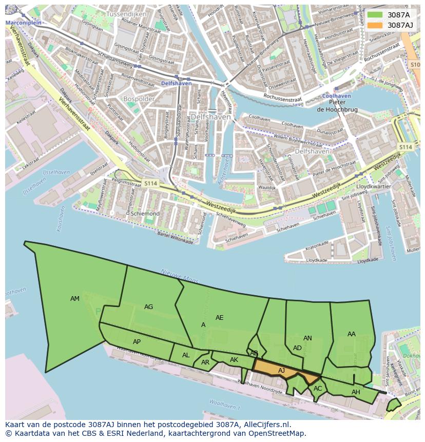 Afbeelding van het postcodegebied 3087 AJ op de kaart.