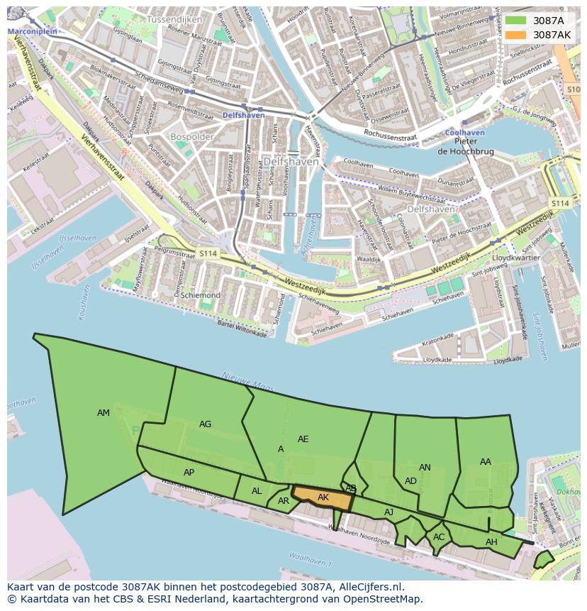 Afbeelding van het postcodegebied 3087 AK op de kaart.