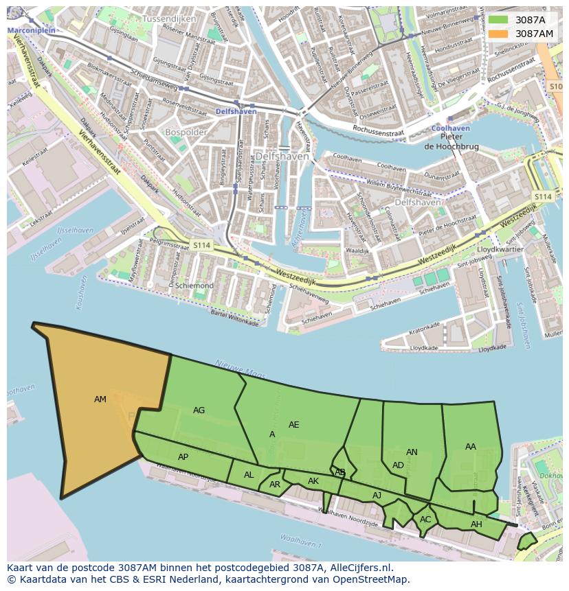 Afbeelding van het postcodegebied 3087 AM op de kaart.