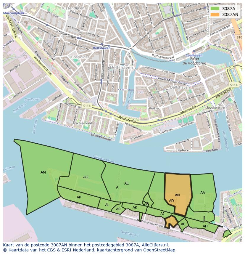 Afbeelding van het postcodegebied 3087 AN op de kaart.