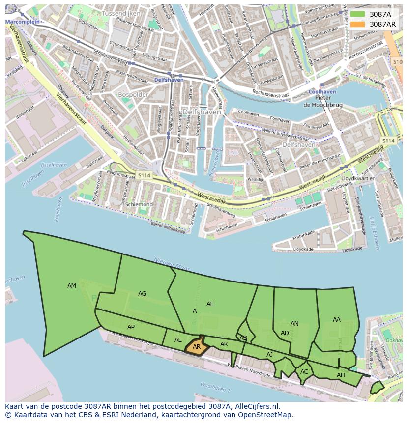 Afbeelding van het postcodegebied 3087 AR op de kaart.