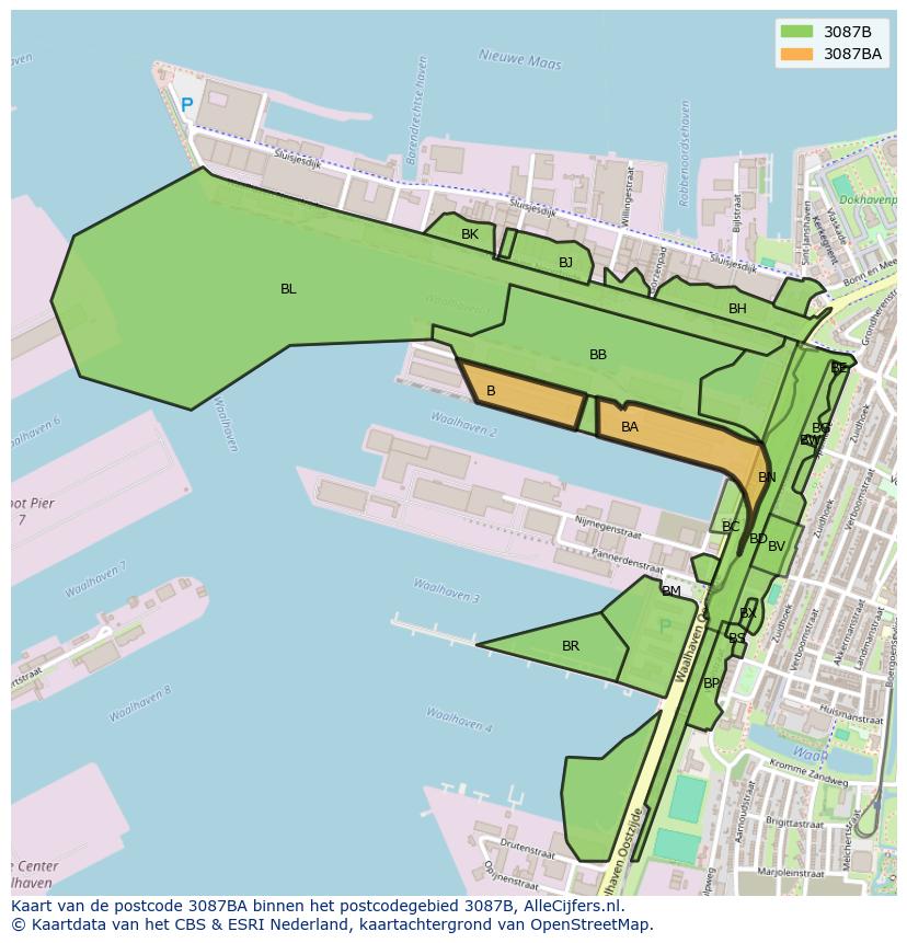 Afbeelding van het postcodegebied 3087 BA op de kaart.
