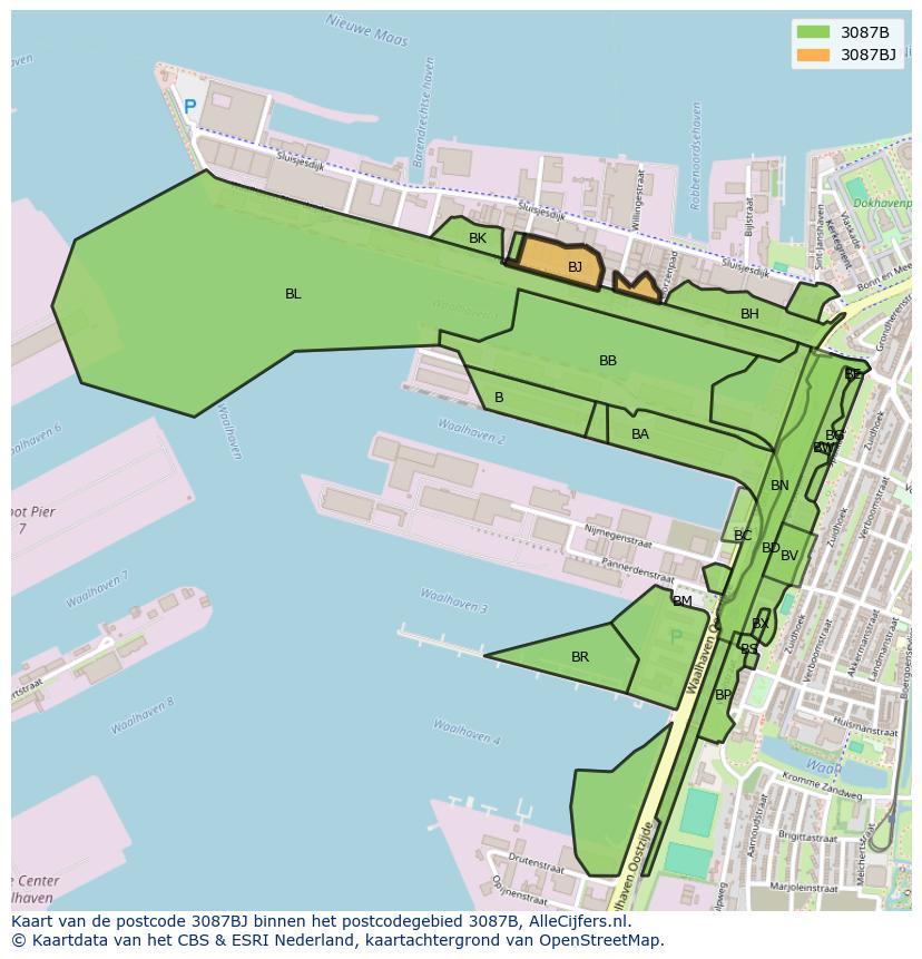 Afbeelding van het postcodegebied 3087 BJ op de kaart.