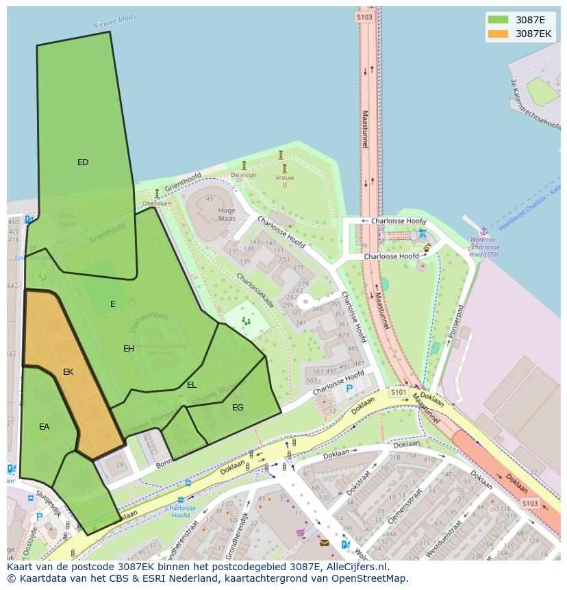 Afbeelding van het postcodegebied 3087 EK op de kaart.