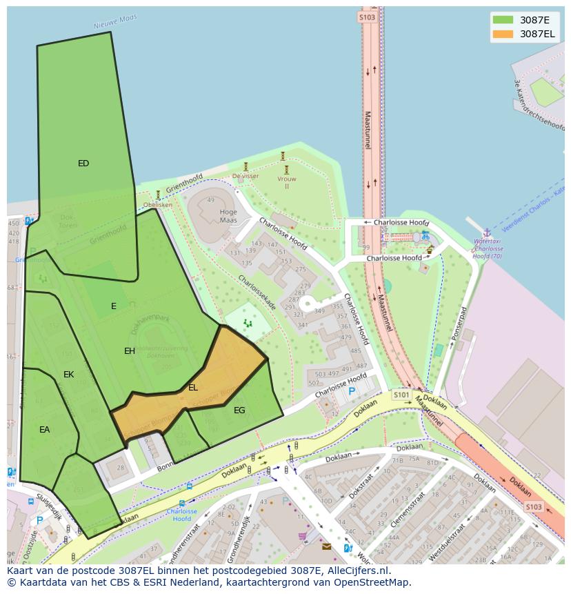 Afbeelding van het postcodegebied 3087 EL op de kaart.