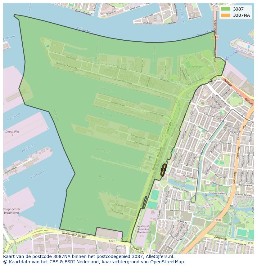 Afbeelding van het postcodegebied 3087 NA op de kaart.