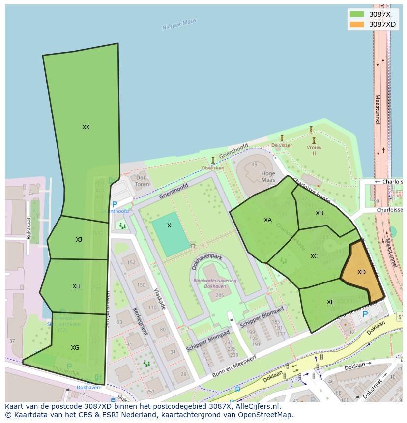 Afbeelding van het postcodegebied 3087 XD op de kaart.