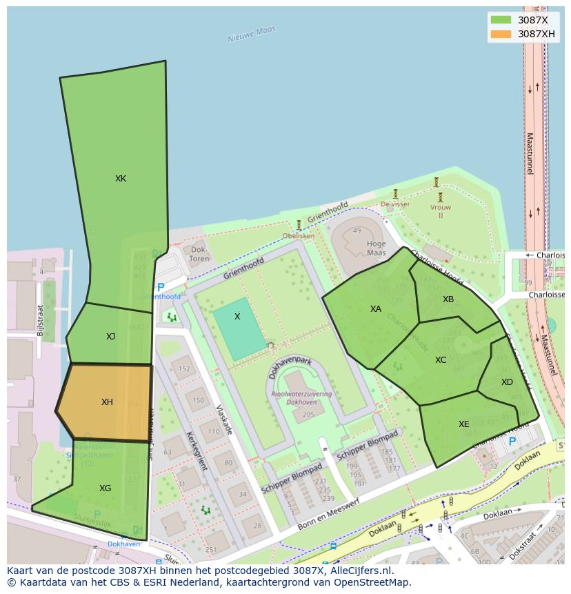 Afbeelding van het postcodegebied 3087 XH op de kaart.