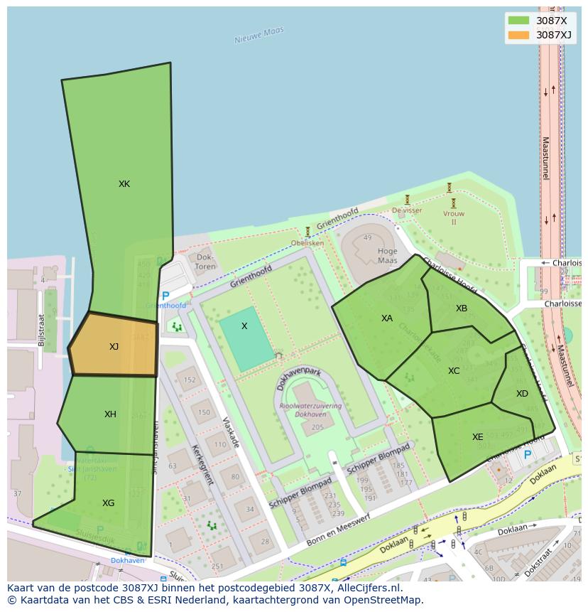 Afbeelding van het postcodegebied 3087 XJ op de kaart.