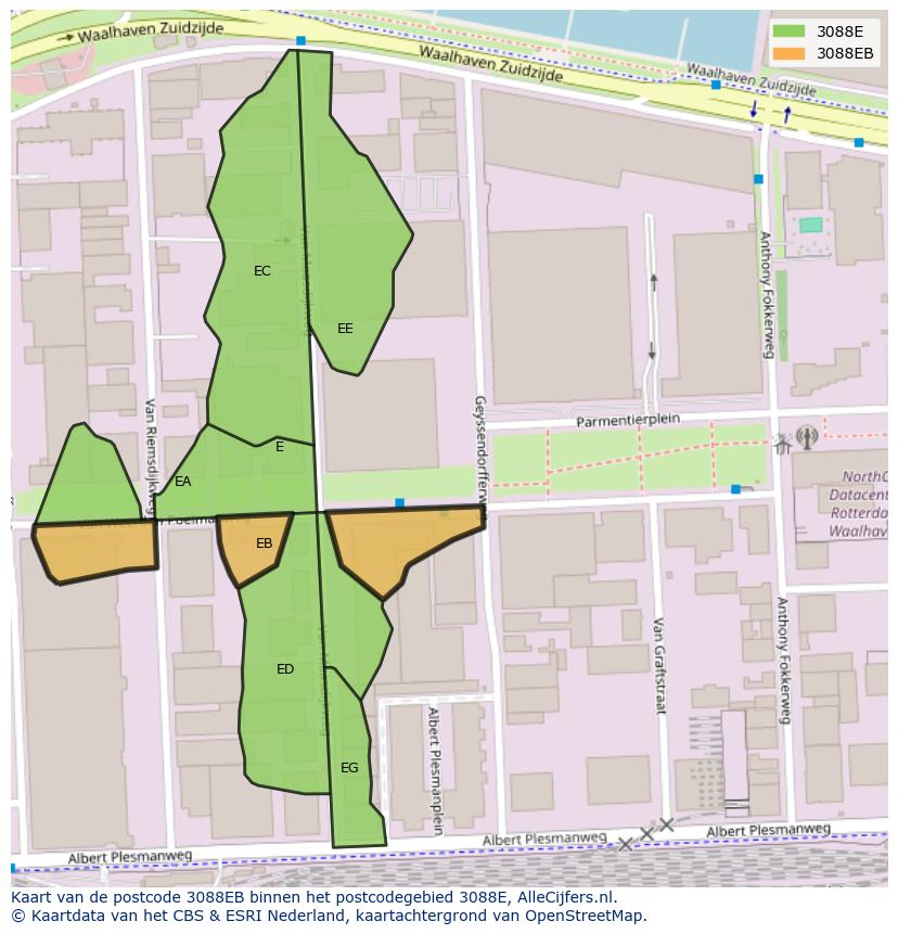 Afbeelding van het postcodegebied 3088 EB op de kaart.
