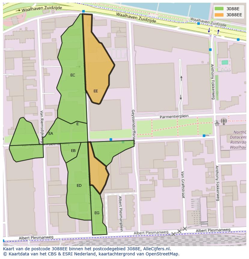 Afbeelding van het postcodegebied 3088 EE op de kaart.