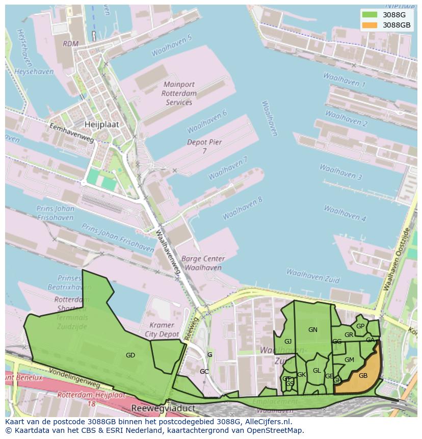 Afbeelding van het postcodegebied 3088 GB op de kaart.