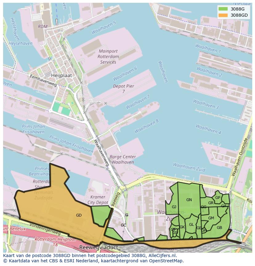 Afbeelding van het postcodegebied 3088 GD op de kaart.