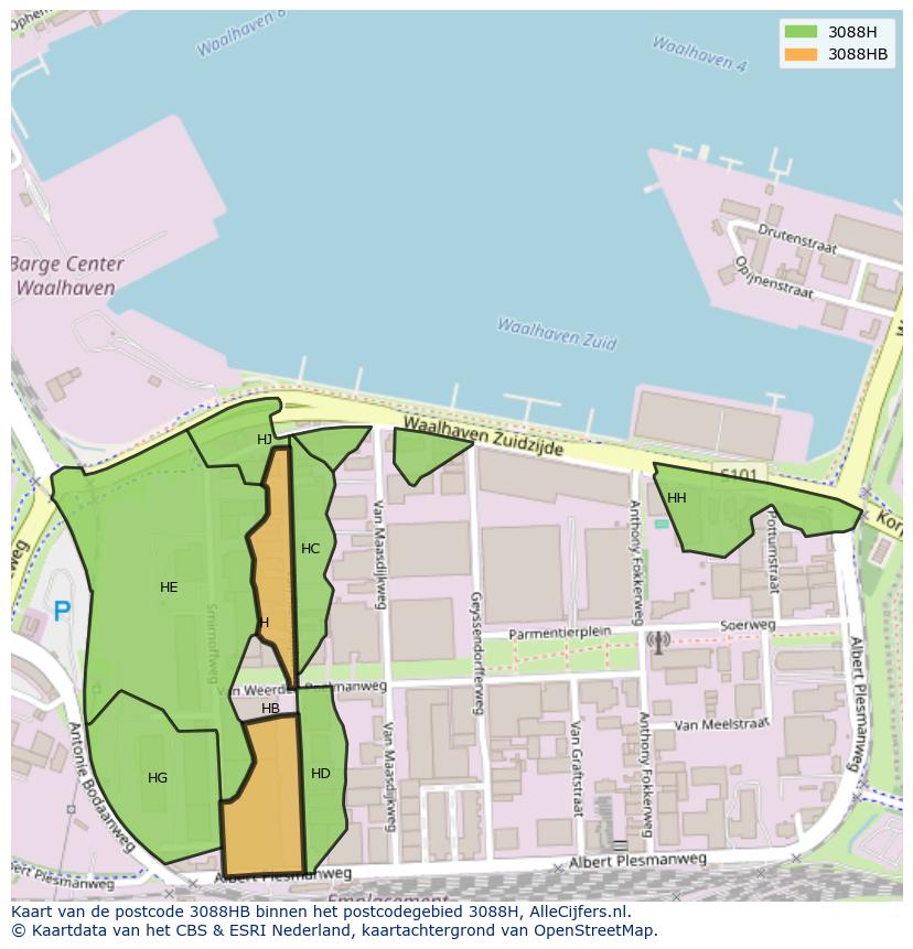 Afbeelding van het postcodegebied 3088 HB op de kaart.