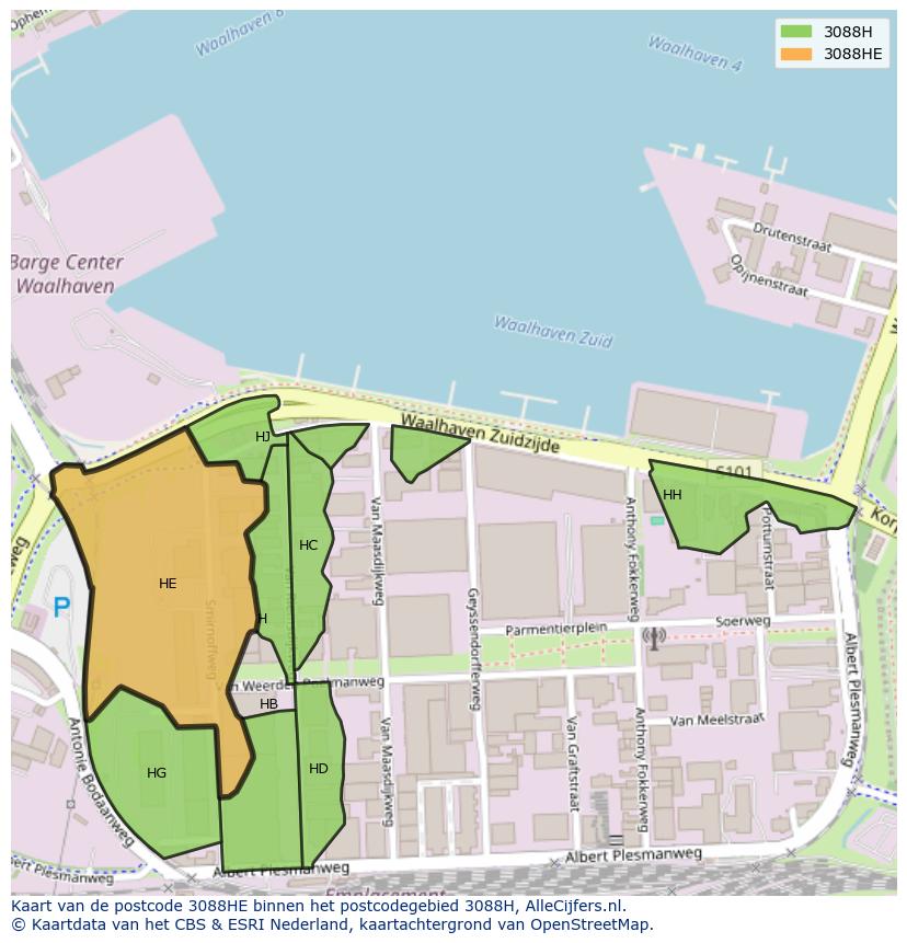 Afbeelding van het postcodegebied 3088 HE op de kaart.