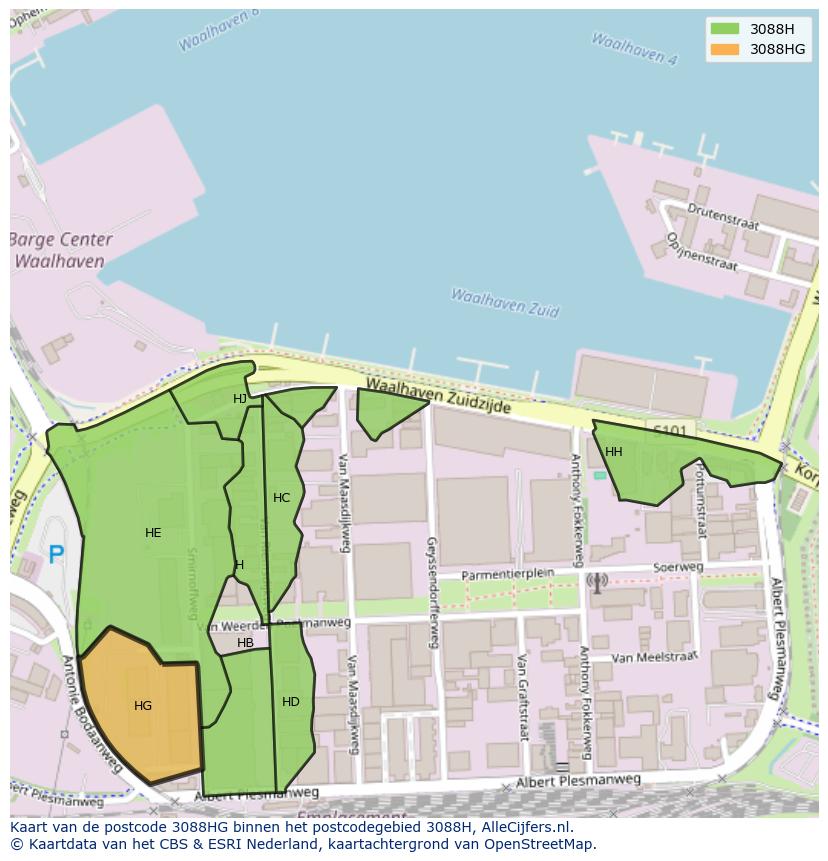 Afbeelding van het postcodegebied 3088 HG op de kaart.
