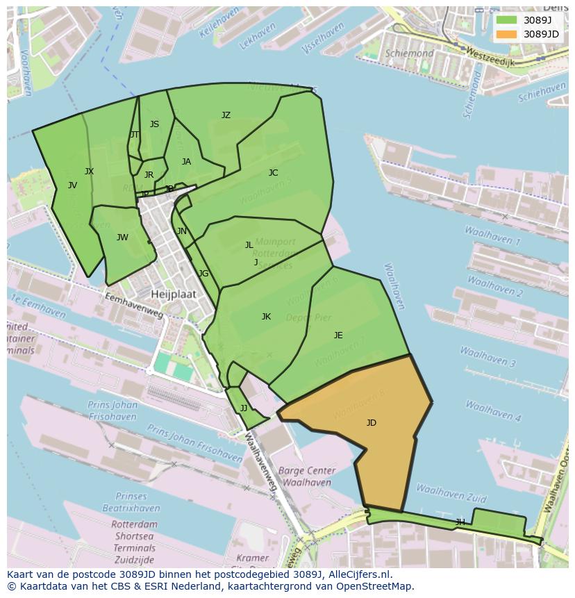 Afbeelding van het postcodegebied 3089 JD op de kaart.