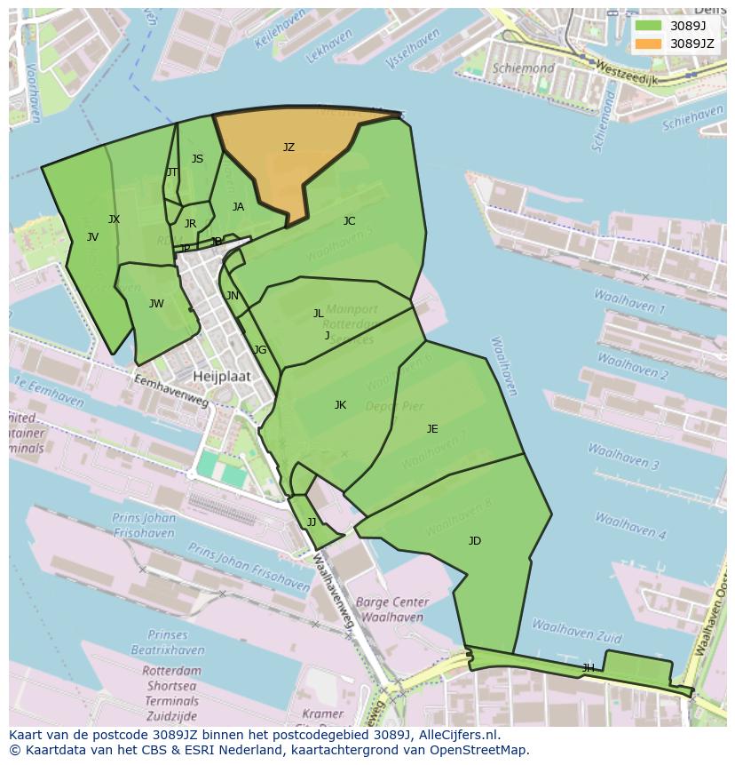 Afbeelding van het postcodegebied 3089 JZ op de kaart.