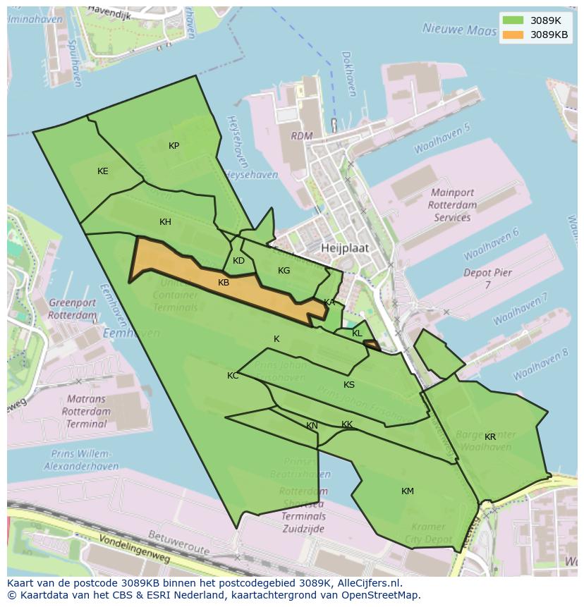 Afbeelding van het postcodegebied 3089 KB op de kaart.