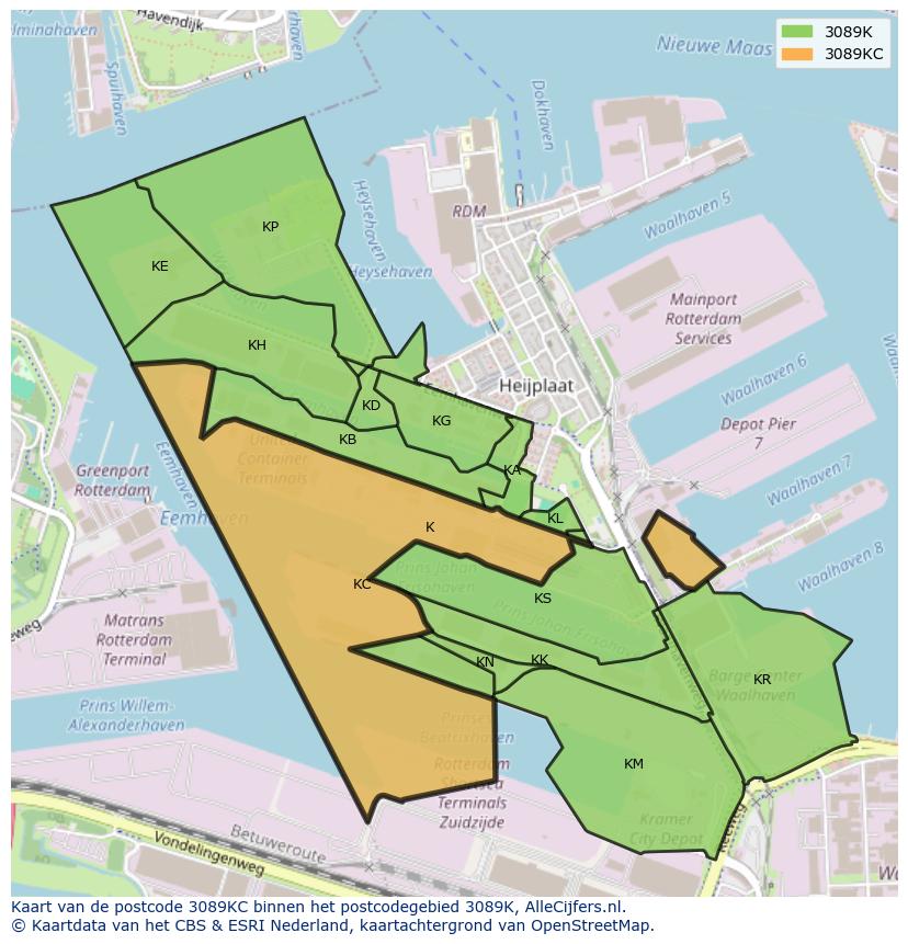 Afbeelding van het postcodegebied 3089 KC op de kaart.