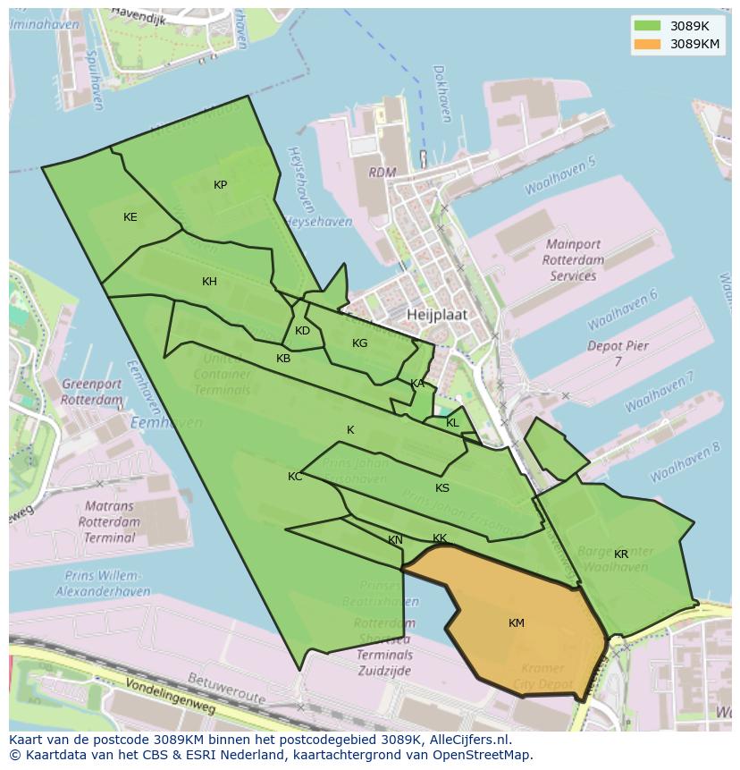 Afbeelding van het postcodegebied 3089 KM op de kaart.