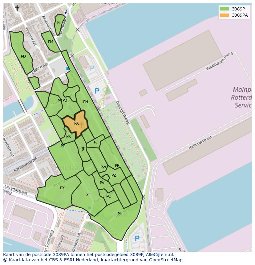 Afbeelding van het postcodegebied 3089 PA op de kaart.