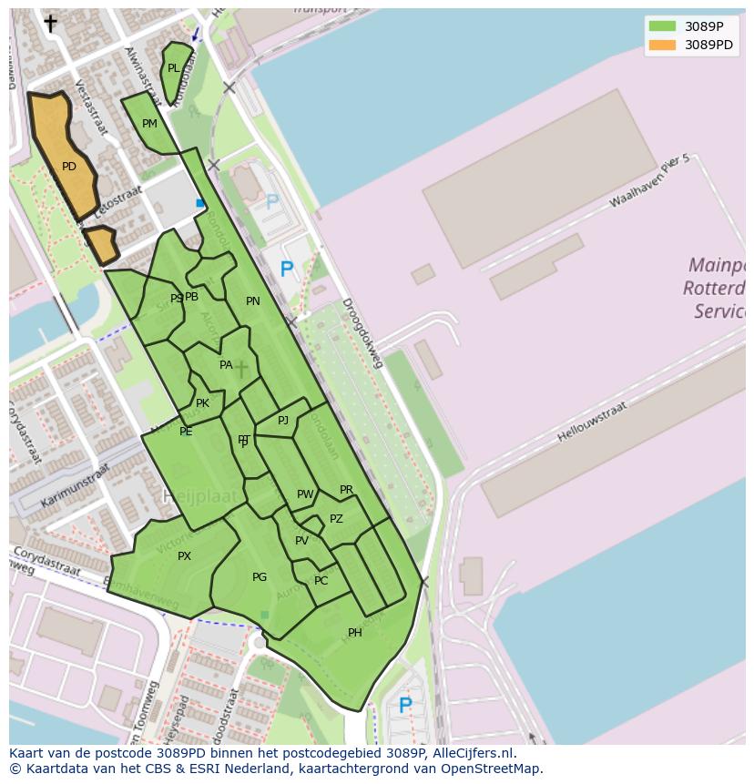 Afbeelding van het postcodegebied 3089 PD op de kaart.
