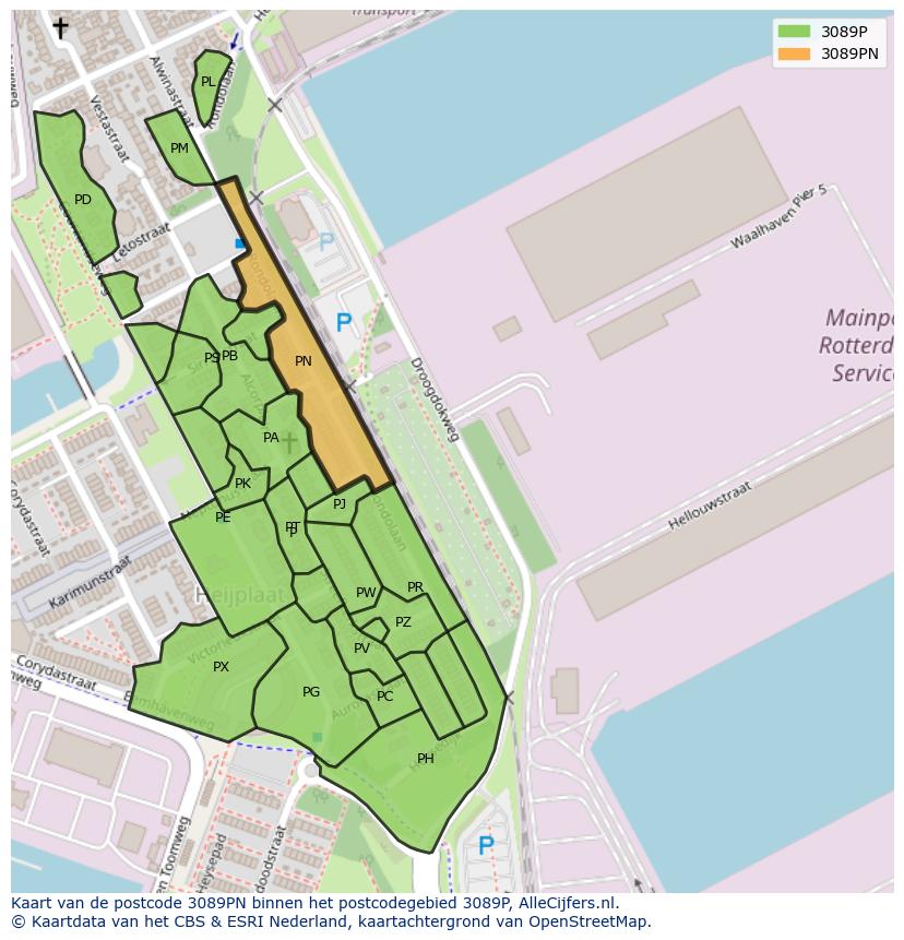 Afbeelding van het postcodegebied 3089 PN op de kaart.