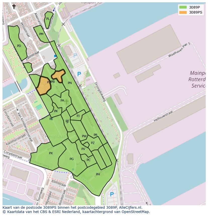 Afbeelding van het postcodegebied 3089 PS op de kaart.
