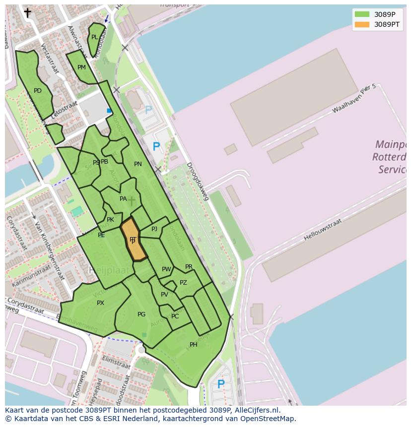 Afbeelding van het postcodegebied 3089 PT op de kaart.