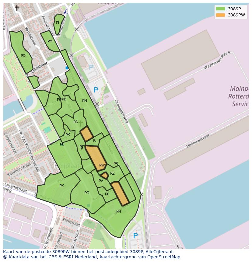 Afbeelding van het postcodegebied 3089 PW op de kaart.