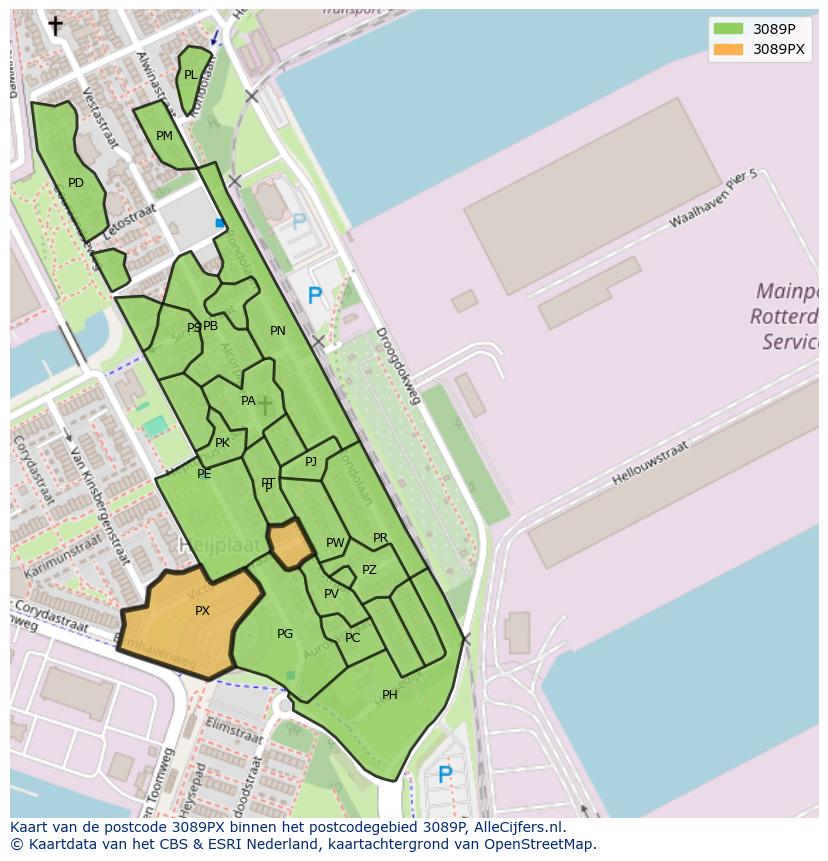Afbeelding van het postcodegebied 3089 PX op de kaart.