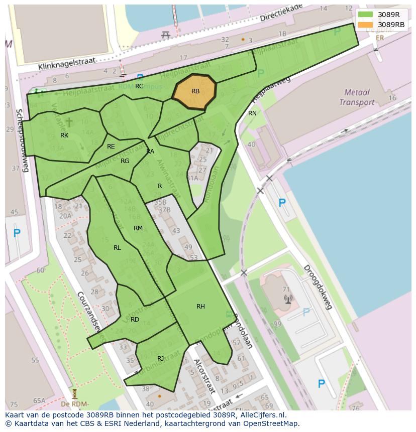 Afbeelding van het postcodegebied 3089 RB op de kaart.