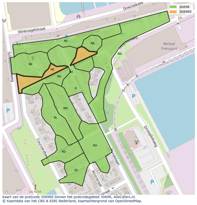 Afbeelding van het postcodegebied 3089 RE op de kaart.