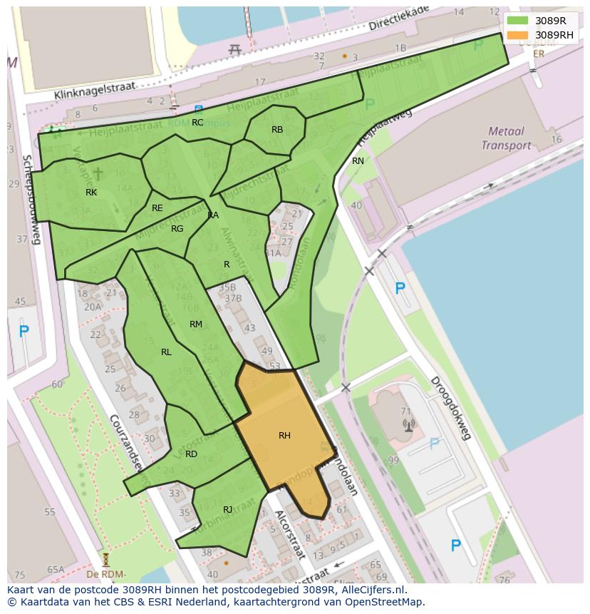 Afbeelding van het postcodegebied 3089 RH op de kaart.