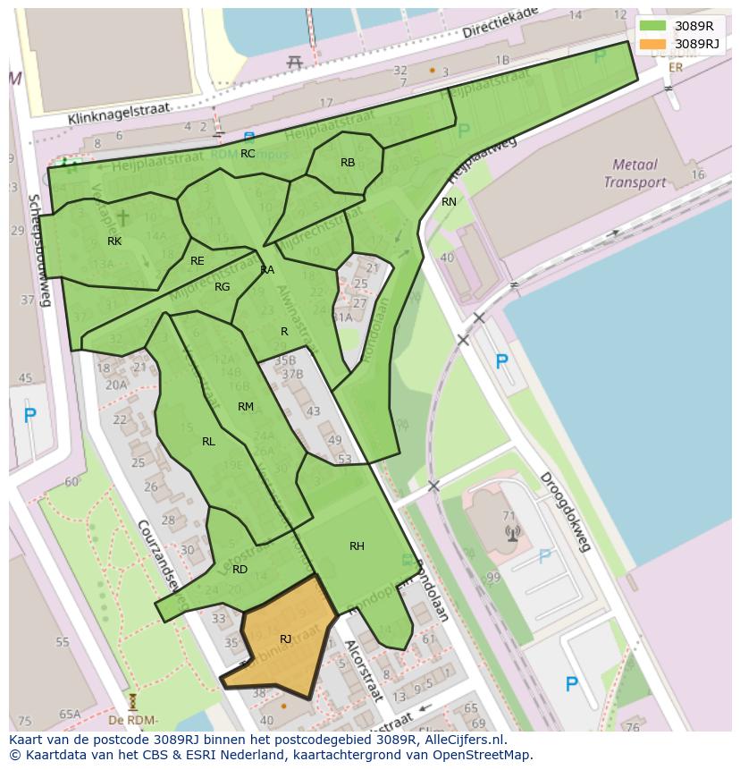 Afbeelding van het postcodegebied 3089 RJ op de kaart.