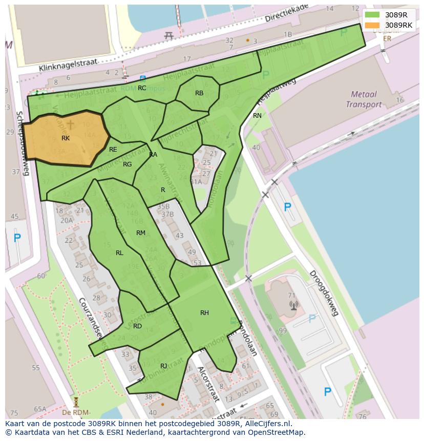 Afbeelding van het postcodegebied 3089 RK op de kaart.