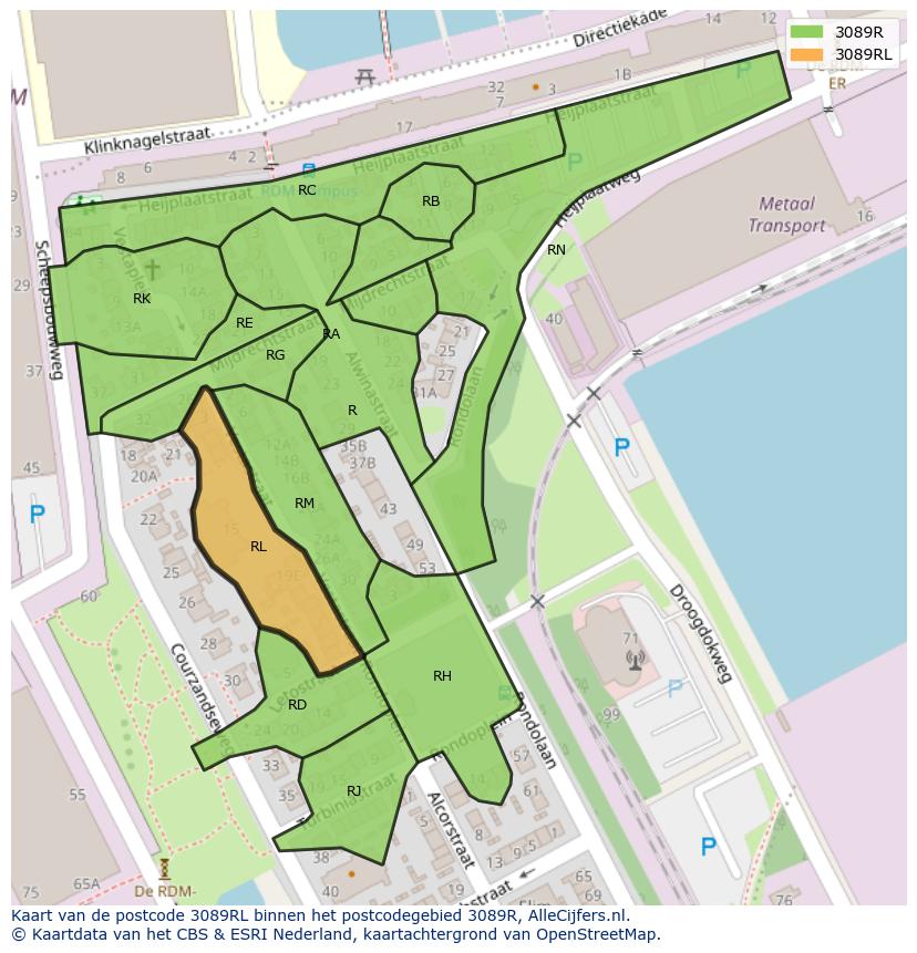 Afbeelding van het postcodegebied 3089 RL op de kaart.