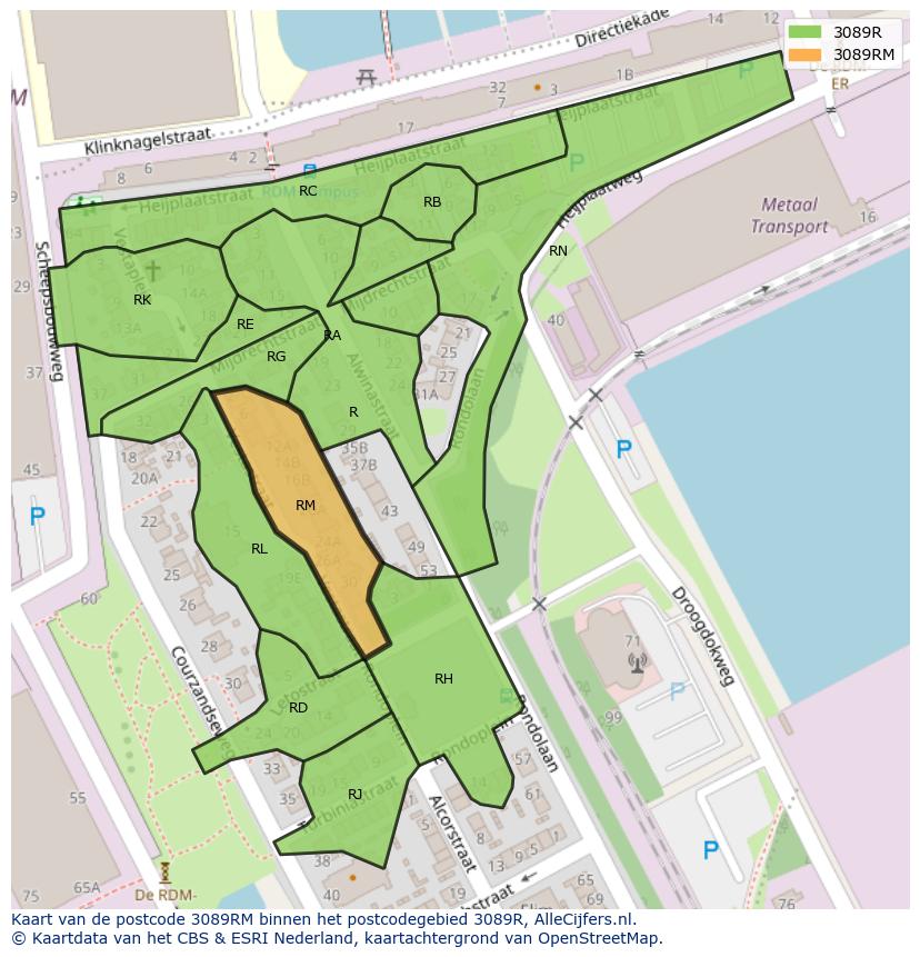 Afbeelding van het postcodegebied 3089 RM op de kaart.
