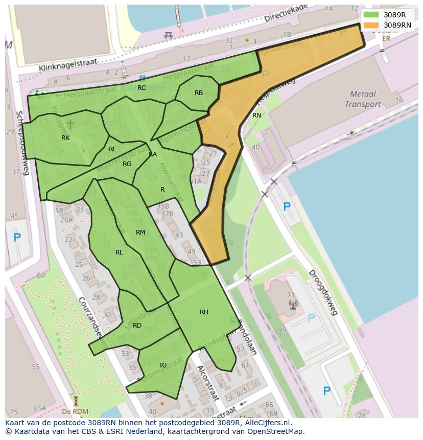 Afbeelding van het postcodegebied 3089 RN op de kaart.