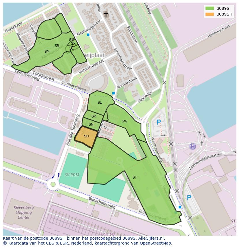 Afbeelding van het postcodegebied 3089 SH op de kaart.